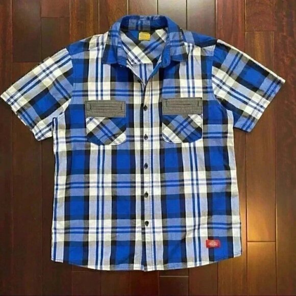 Dickie’s Button Front Shirt Short Sleeves Blue Grey White Plaid Boys Large - Picture 14 of 14